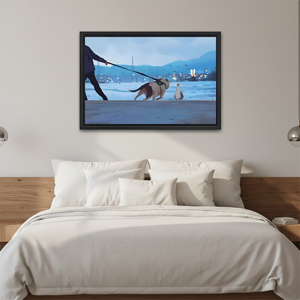 Dog Walk Seagull Standoff Digital Art Framed Canvas l2565