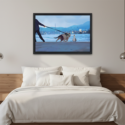Dog Walk Seagull Standoff Digital Art Framed Canvas l2565