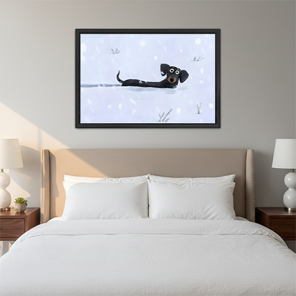 Funny dachshund snow day framed canvas wall art hung above white bed in cozy neutral bedroom