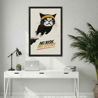Framed No Risk No Story cat canvas print above home office desk – inspirational wall art for creative workspace decordecor