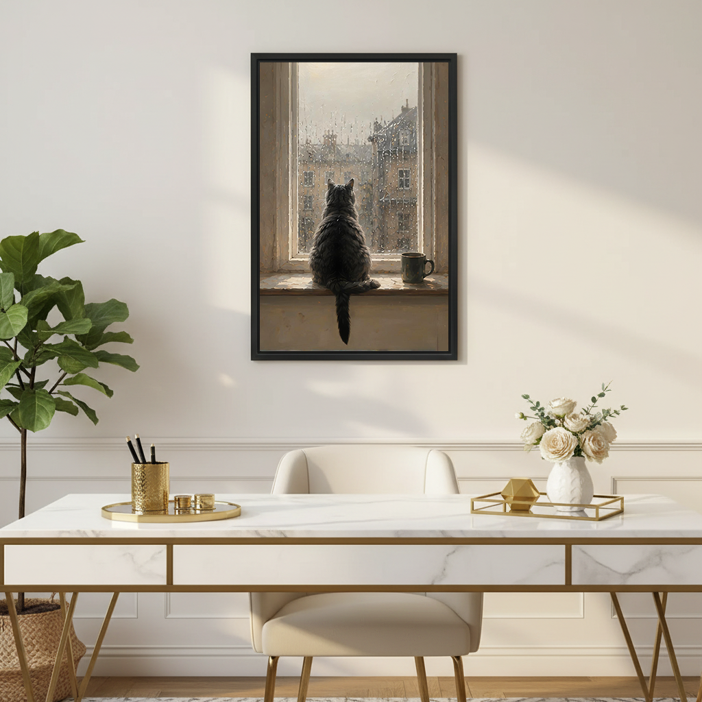 Rainy day cat framed art print in elegant home office with marble desk decor