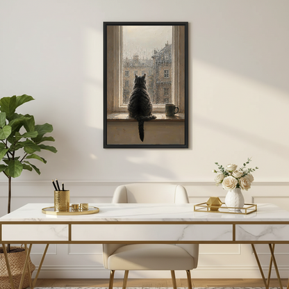 Rainy day cat framed art print in elegant home office with marble desk decor