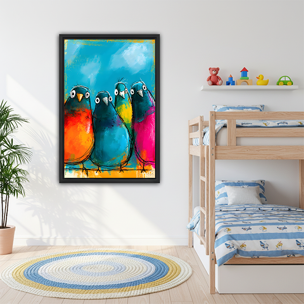 Colorful chubby birds expressive oil painting framed canvas art in black frame on white wall beside bunk bed with blue striped bedding in kids bedroom