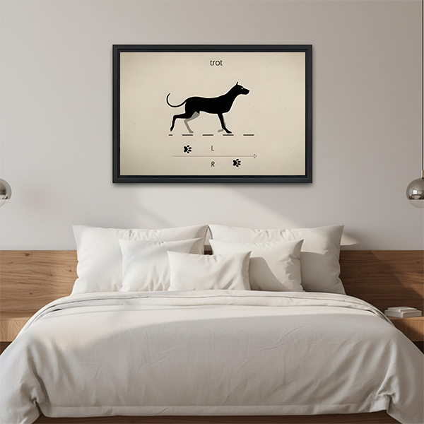Modern minimalist framed canvas art of a trotting black dog with labeled paw print gait pattern, dog lover bedroom wall decor