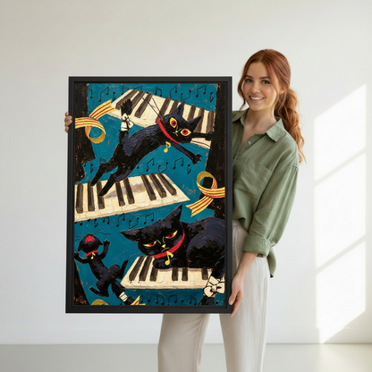 Woman holding large framed  black cat piano canvas print, jazz cats with gold ribbons wall art size reference photo