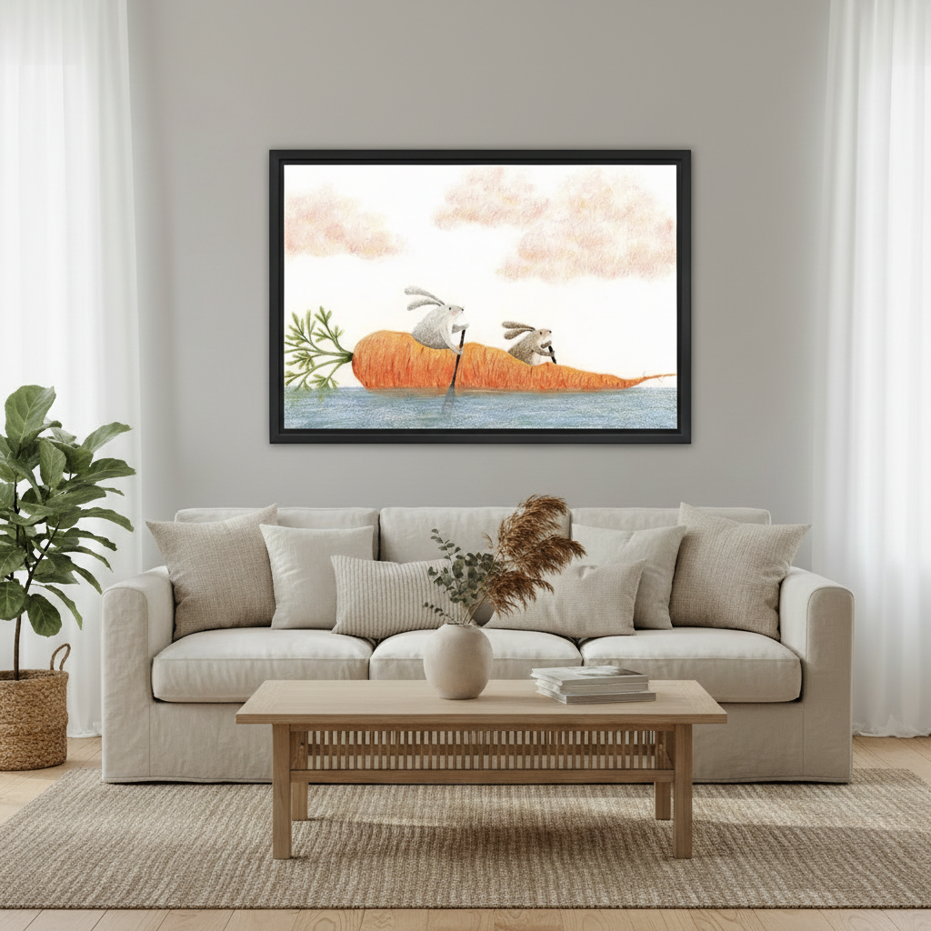 Two Bunnies Rowing a Carrot Boat Framed Wall Art – Whimsical Kids Print in Scandinavian Style Living Room