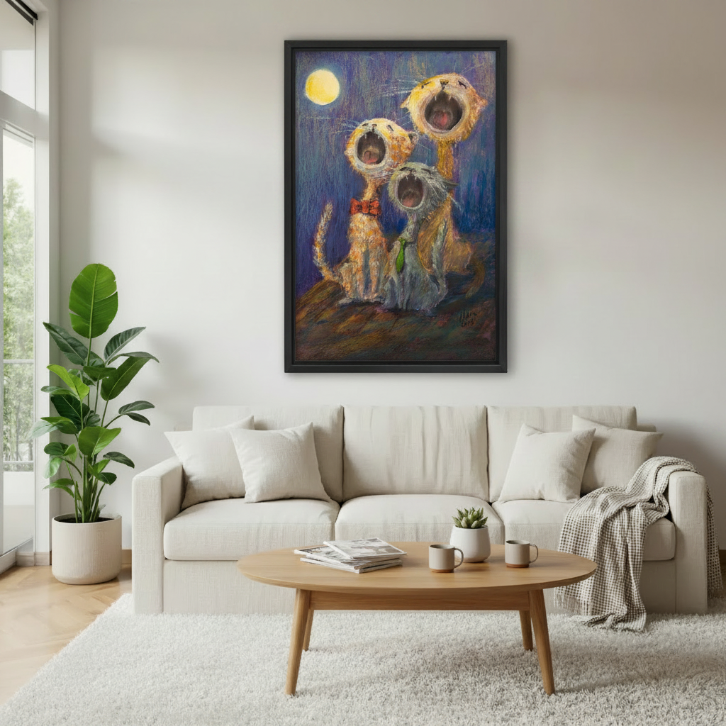 Framed singing cats wall art above white sofa, three funny cats howling at moon on purple night sky, living room canvas decor for cat lovers