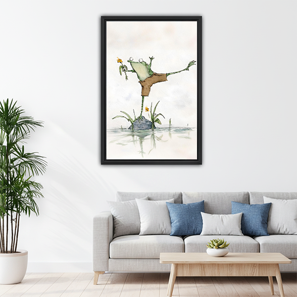 Funny dancing frog framed wall art above gray sofa in bright living room — eclectic home decor
