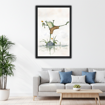 Funny dancing frog framed wall art above gray sofa in bright living room — eclectic home decor
