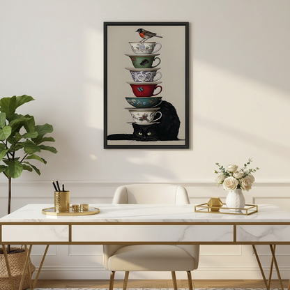 Black Cat Stacked Teacups Robin Bird Vintage Framed Canvas l3245