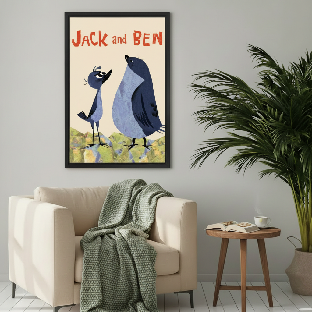 Framed Jack and Ben whimsical bird print above beige armchair – cozy living room wall art decor