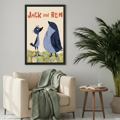 Framed Jack and Ben whimsical bird print above beige armchair – cozy living room wall art decor