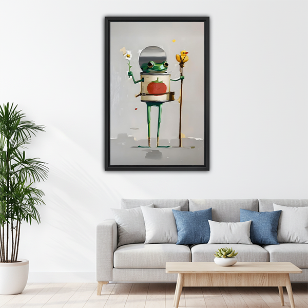 Quirky surreal frog astronaut framed wall art above gray sofa — funny eclectic home decor
