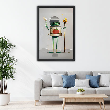 Quirky surreal frog astronaut framed wall art above gray sofa — funny eclectic home decor
