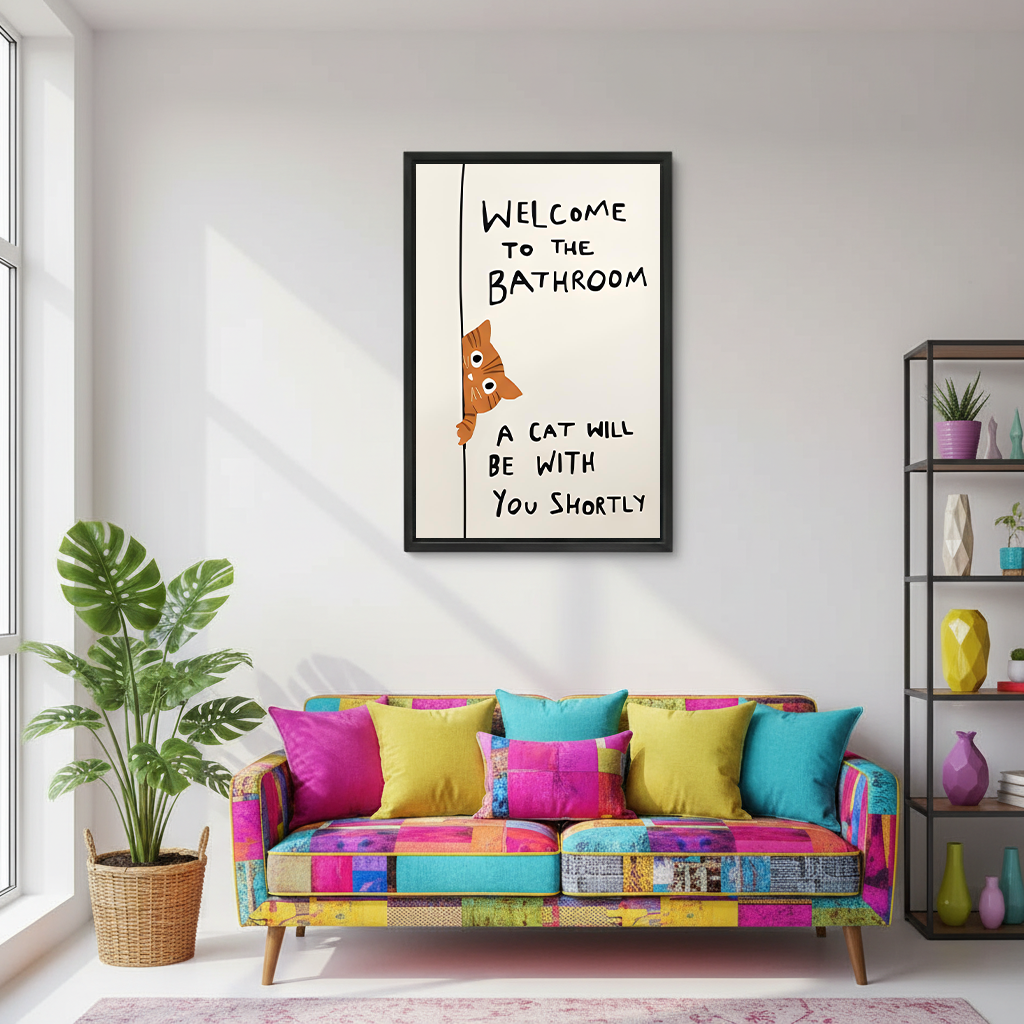Orange cat peeking bathroom sign framed canvas print above colorful sofa – funny cat wall art for living room
