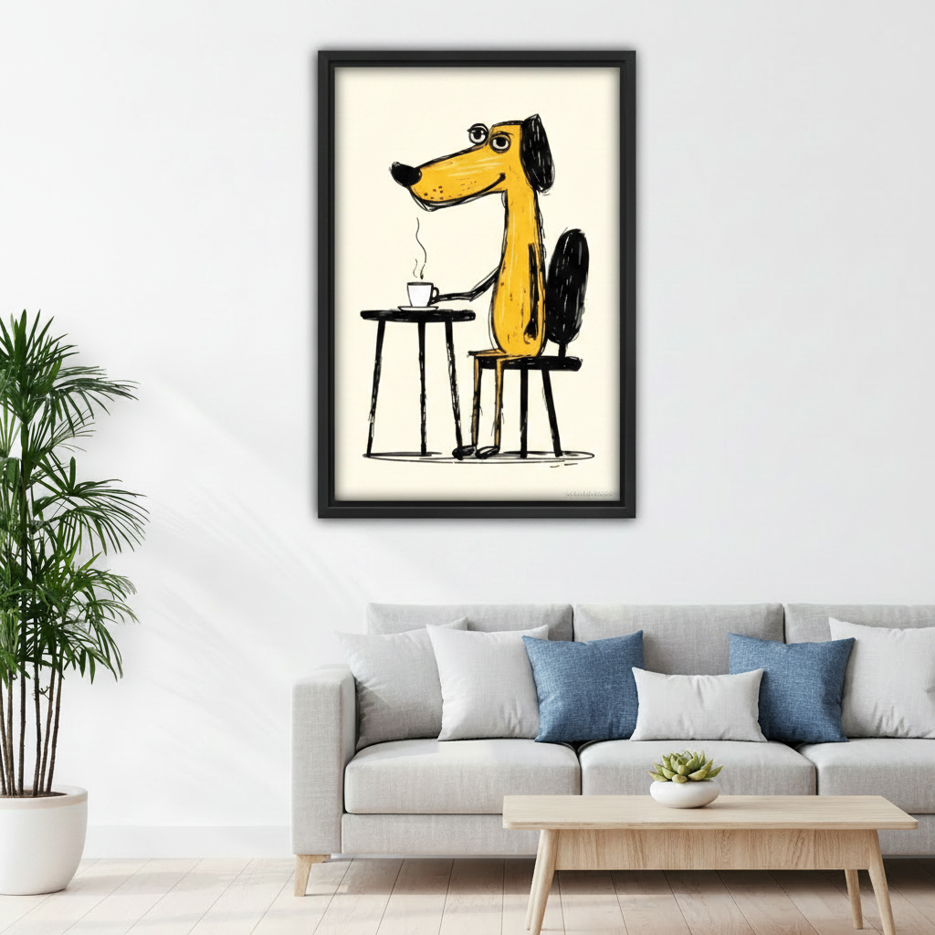 Framed dog drinking coffee wall art above white sofa, funny yellow cartoon dog at cafe table in sketch style, living room canvas decor for dog and coffee lovers