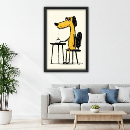 Framed dog drinking coffee wall art above white sofa, funny yellow cartoon dog at cafe table in sketch style, living room canvas decor for dog and coffee lovers