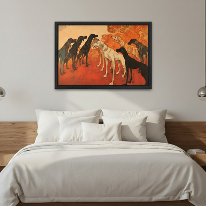 Framed vintage greyhound canvas wall art above bed, Art Nouveau style dog print in deep red and black for bedroom decor