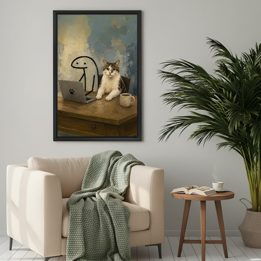 Whimsical cat boss oil painting wall art print in black frame above a cozy beige armchair in a neutral living room