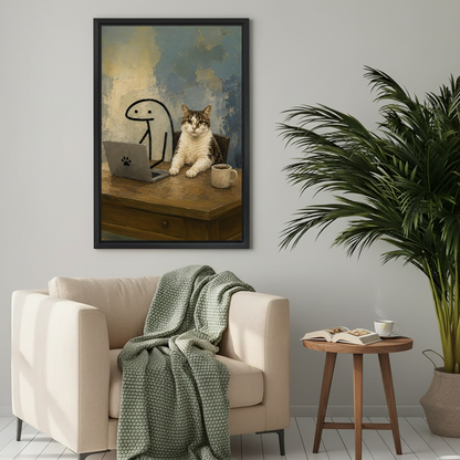 Whimsical cat boss oil painting wall art print in black frame above a cozy beige armchair in a neutral living room