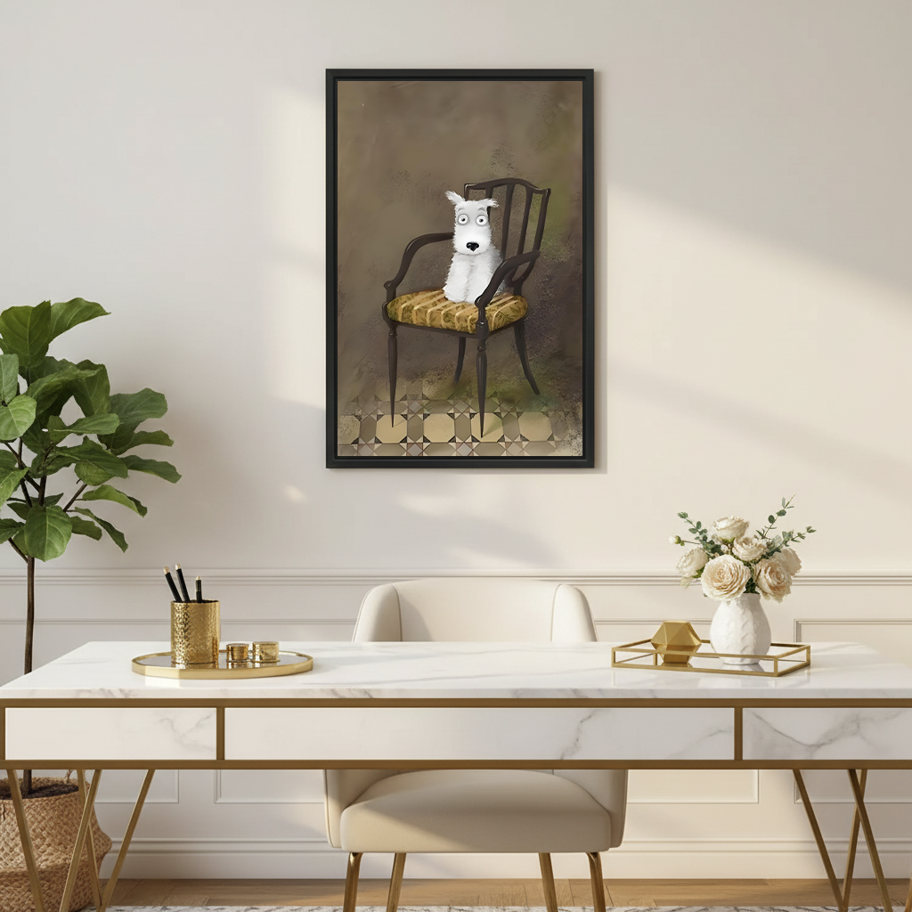 Vintage dog wall art in black frame above neutral sofa in bright Scandinavian living room