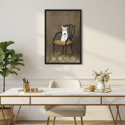 Vintage dog wall art in black frame above neutral sofa in bright Scandinavian living room