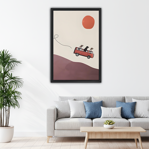 Boho road trip dogs canvas print above living room sofa
