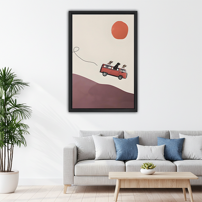 Boho road trip dogs canvas print above living room sofa
