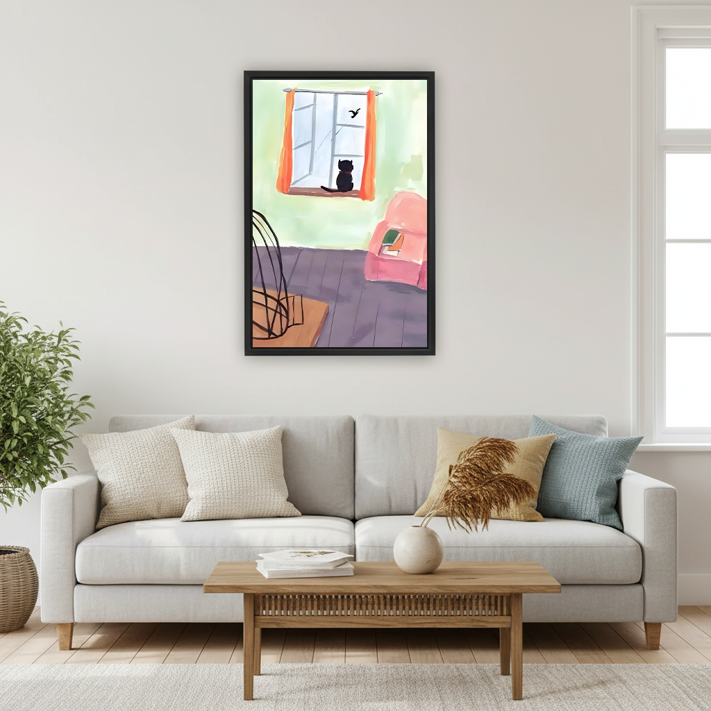 Dreamy black cat window bird watercolor cozy room illustration black framed canvas wall art above light gray sofa in Scandinavian living room