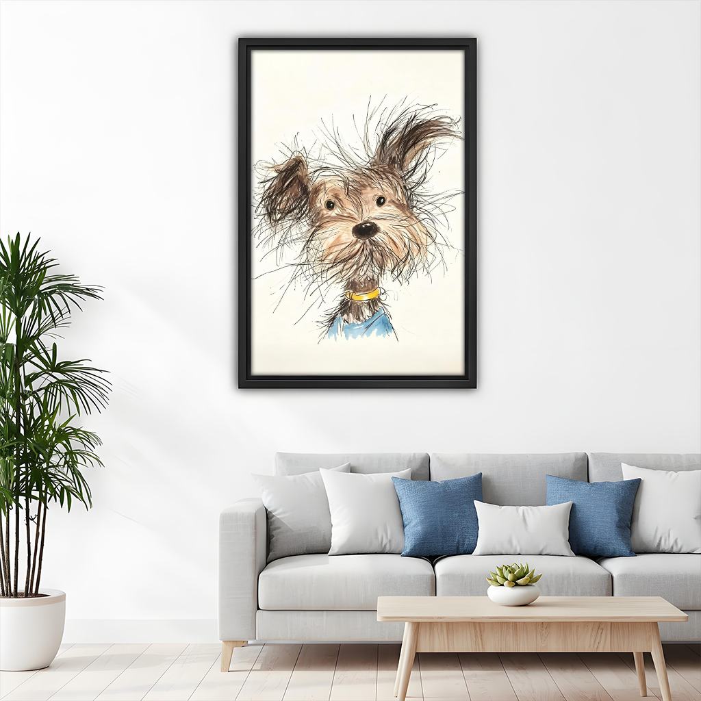 Cute scruffy terrier dog watercolor framed canvas wall art above sofa, black frame, charming dog portrait print, modern living room decor