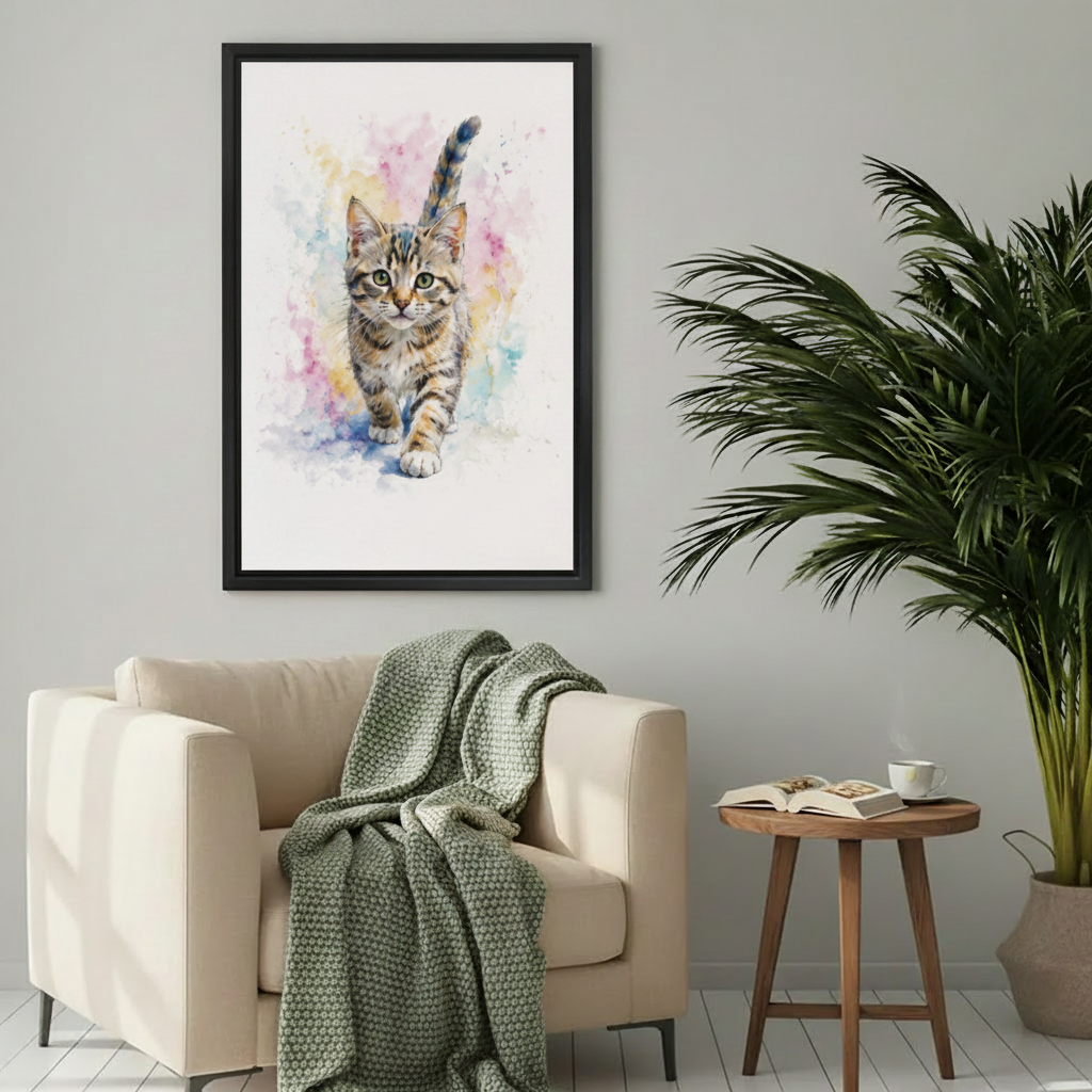 Funny elephant hanging from tree red heels framed wall art above cream armchair with green throw blanket in cozy living room