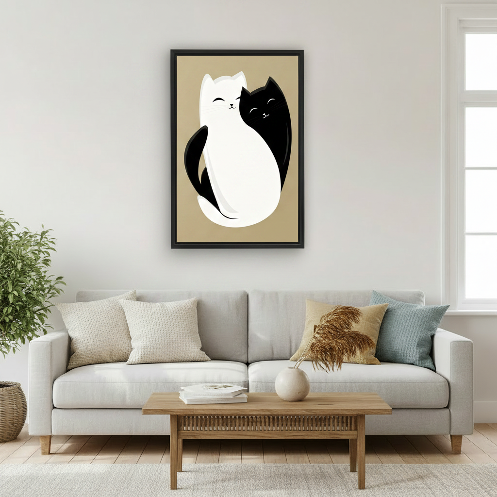 Minimalist black and white cat yin yang wall art print in black frame above light grey sofa with pampas grass vase and wooden coffee table in Scandinavian living room