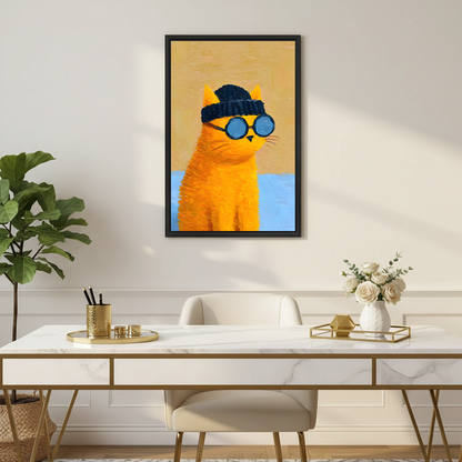 Cool chubby orange cat wearing round blue swimming goggles and black swim cap bold thick impasto oil painting style with golden yellow and light blue background framed wall art hung on warm beige wall above white marble and gold desk with gold pen holder white rose bouquet in ceramic vase gold tray and cream velvet chair beside large fiddle leaf fig plant