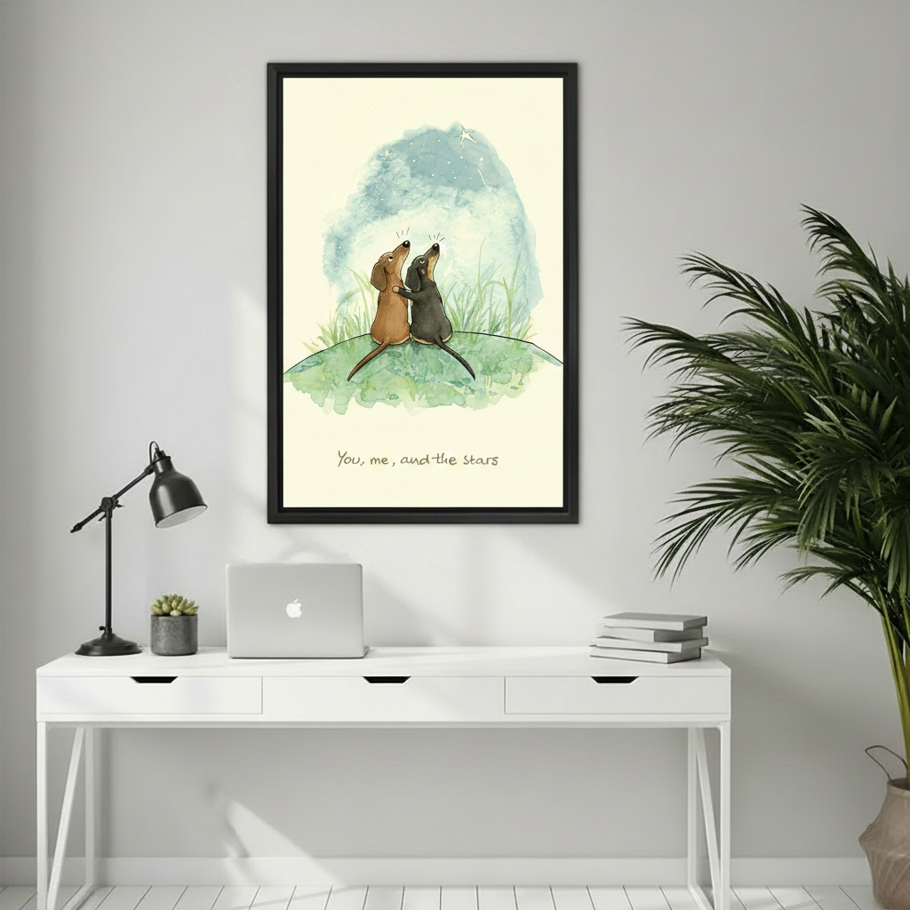 Romantic dachshund couple you me and the stars watercolor illustration wall art print in black frame above white desk with black lamp MacBook and succulent plant in minimalist home office