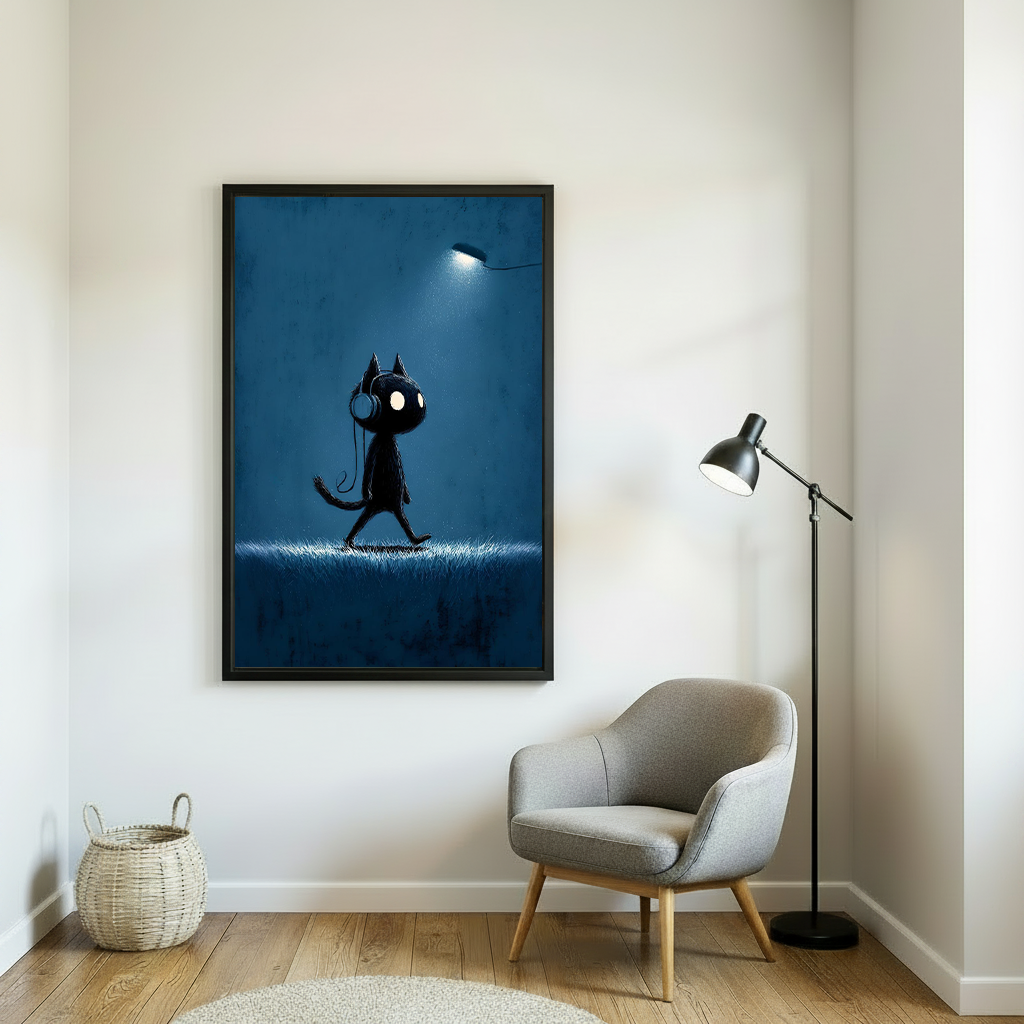 Dark moody black cat headphones framed wall art print beside grey armchair and floor lamp – atmospheric night walk illustration in deep blue for minimalist reading nook