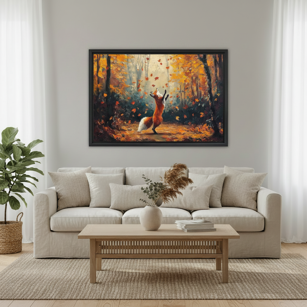 Dancing Red Fox Autumn Forest Framed Wall Art – Impressionist Fall Leaves Print for Living Room
