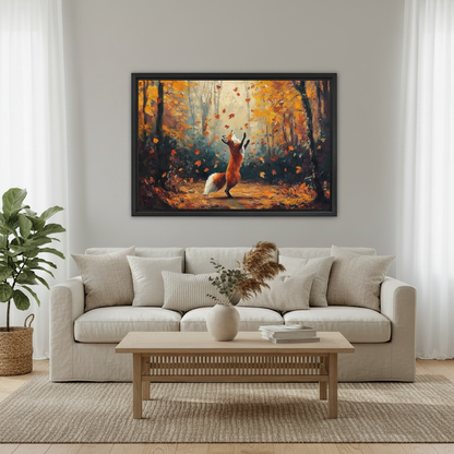 Dancing Red Fox Autumn Forest Framed Wall Art – Impressionist Fall Leaves Print for Living Room