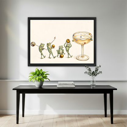 Framed frog cocktail canvas wall art hanging above a dark bed with white pillows.