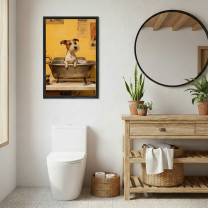 Framed retro terrier dog sitting in bathtub canvas print in rustic farmhouse bathroom, vintage yellow dog wall art above toilet