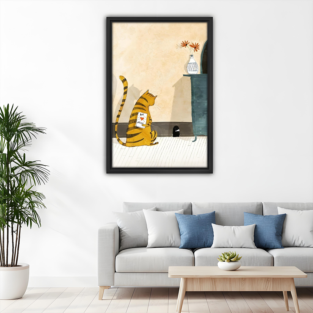 Orange cat Be Mine Valentine framed wall art – romantic whimsical living room decor