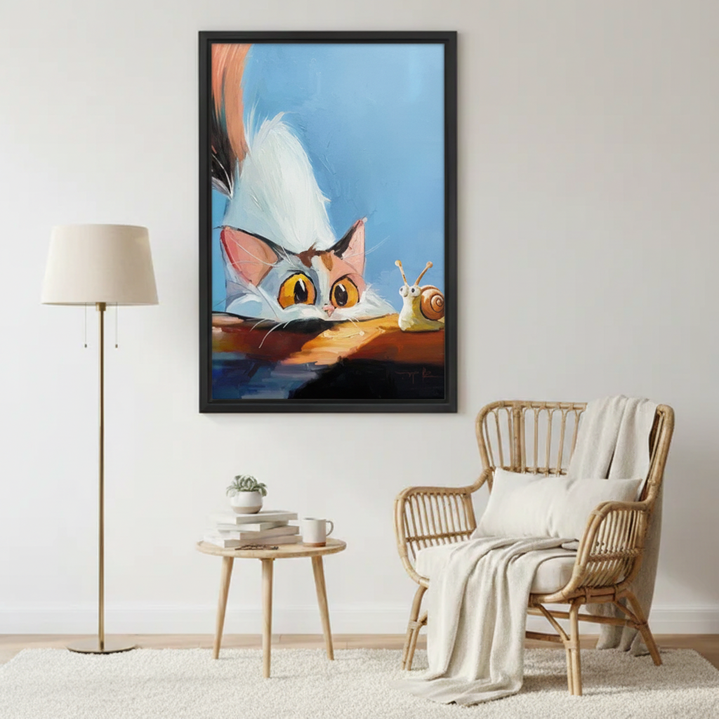 Curious Cat Snail Oil Painting Framed Wall Art in Boho Living Room – Funny Cat Print with Rattan Chair Decor