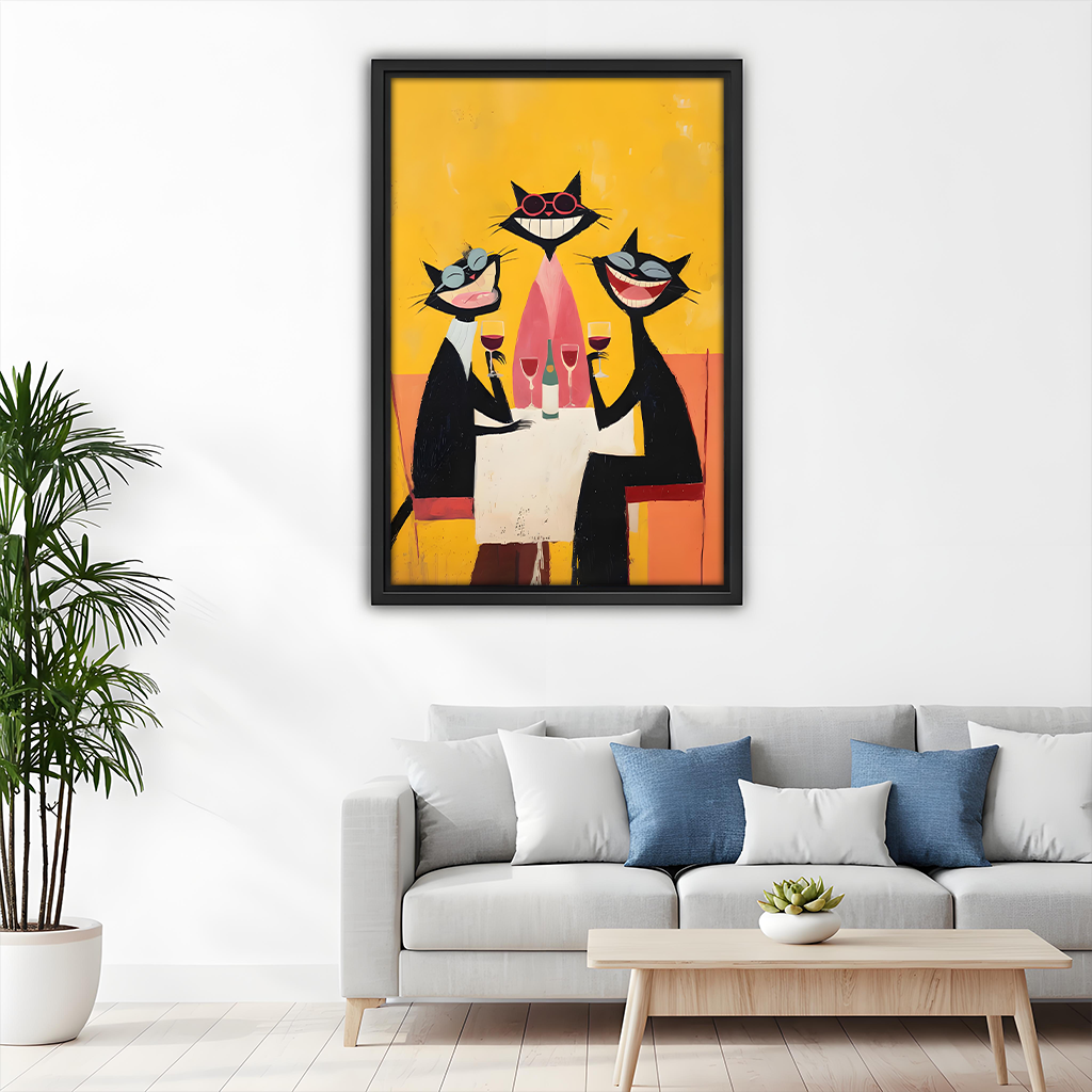 Whimsical three cats wine party canvas art print for dining room decor
