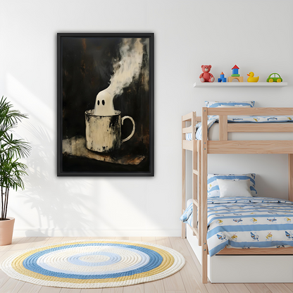 Close view of whimsical ghost mug canvas art in a deep black gallery frame