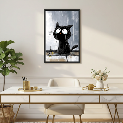 Sad soaking wet black cat standing in rain puddle with wide teary eyes and drooping whiskers under dark grey stormy sky funny cartoon line illustration style framed wall art hung on warm beige wall above white marble and gold desk with gold pen holder white rose bouquet in ceramic vase gold tray and cream velvet chair beside large fiddle leaf fig plant