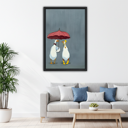 Romantic duck couple framed wall art above gray sofa in bright living room — charming home decor
