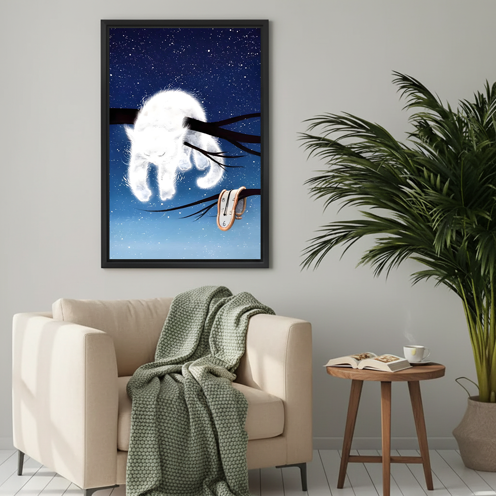 White cat on branch with melting clock surreal starry night framed wall art hung above cream armchair with sage green throw blanket in cozy reading nook