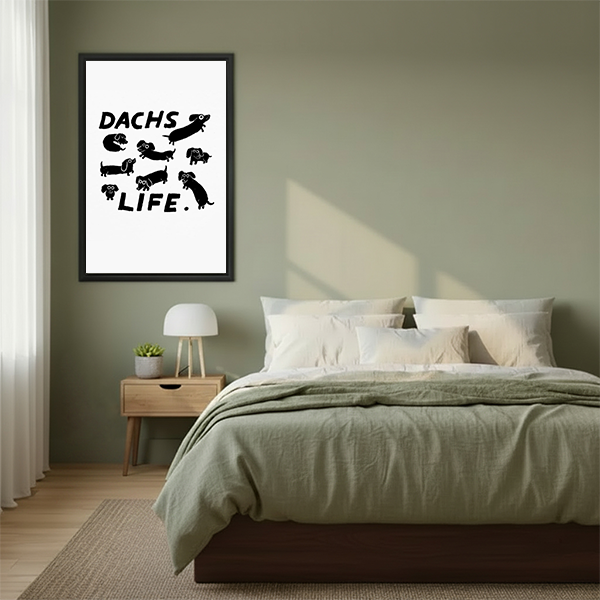 Dachs Life wiener dog framed print displayed above bed in sage green modern bedroom