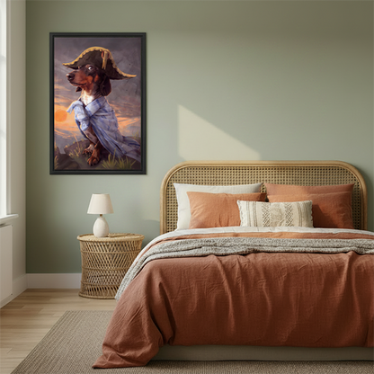 Dramatic dachshund pirate wall art print in warm boho bedroom with rattan headboard