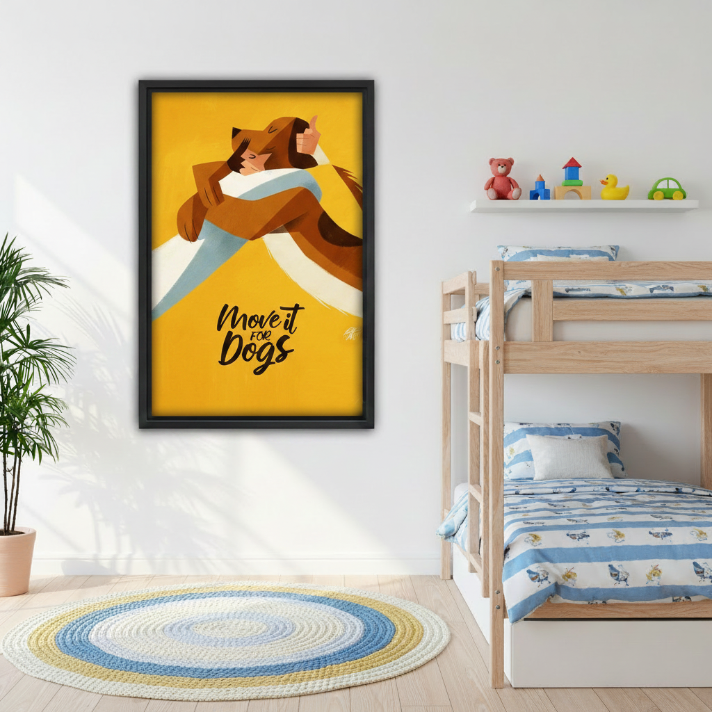 Move It For Dogs retro poster framed canvas wall art in bedroom, vibrant yellow dog hug illustration, fun dog lover wall decor for cozy space