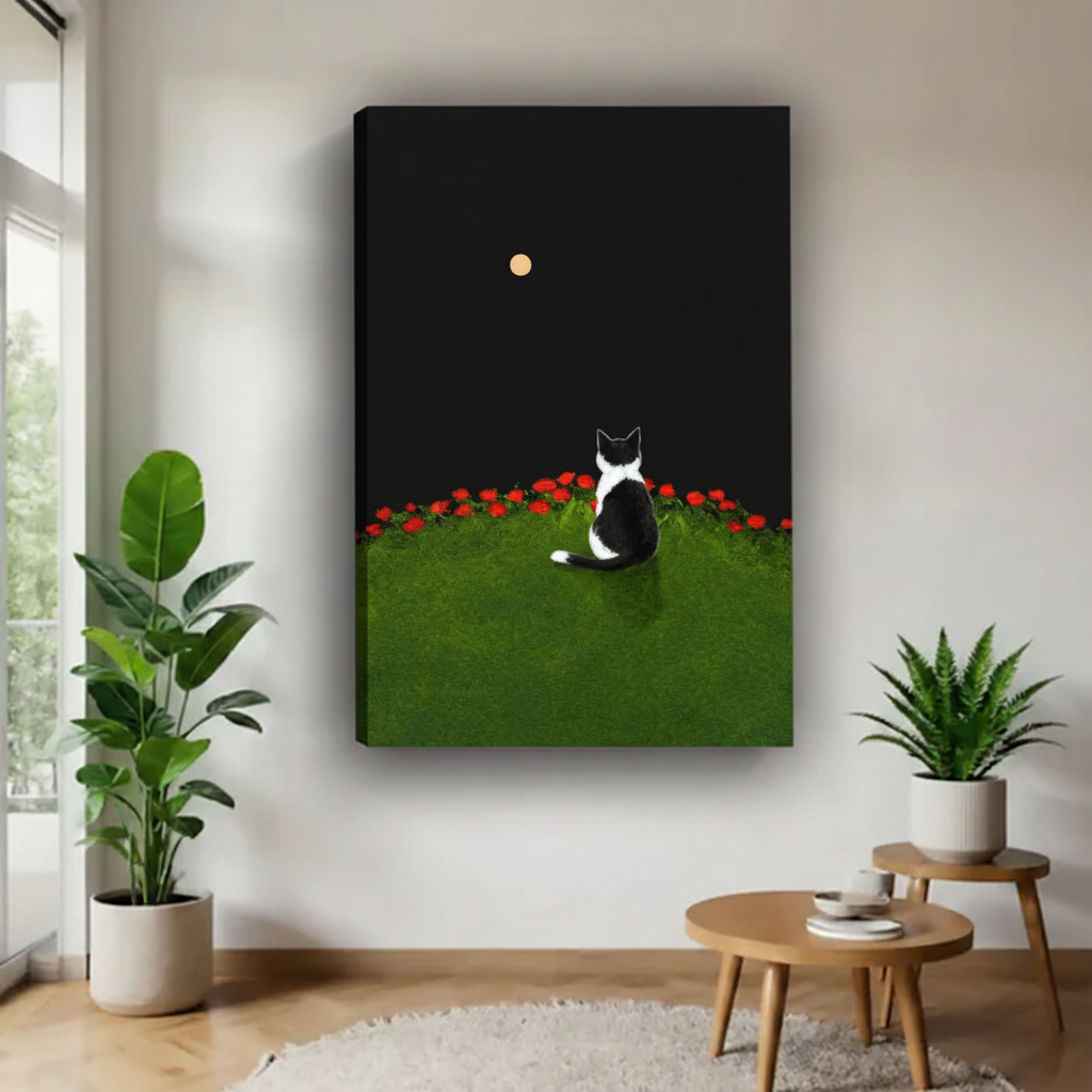 Minimalist black cat moonlit rose garden frameless gallery wrap canvas – moody dark night illustration, displayed in modern white living room with leafy plants